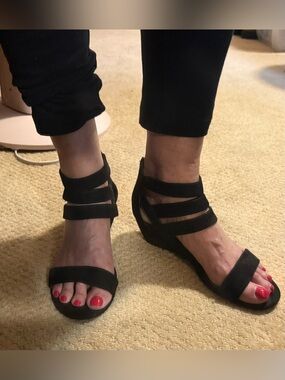 American Rag Black Strappy Wedge Sandals